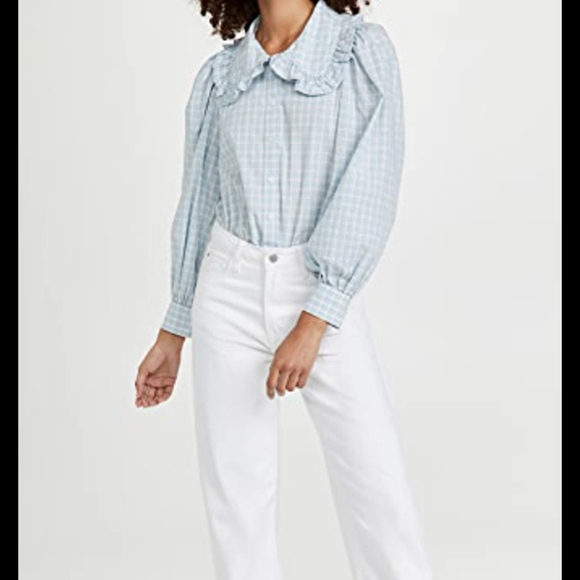 Levi's Blue Checkered Blouse with Ruffled Collar Size Lg #528 - Picture 1 of 3